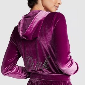PINK Victorias Secret Medium Mauve Jacket Zip Up Hoodie Crop Velour Velvet Bling